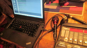 The Idaho Kitchen Harp Recording Rig: laptop running Sonar X3, Audix Fireball mic, Digitech RP355